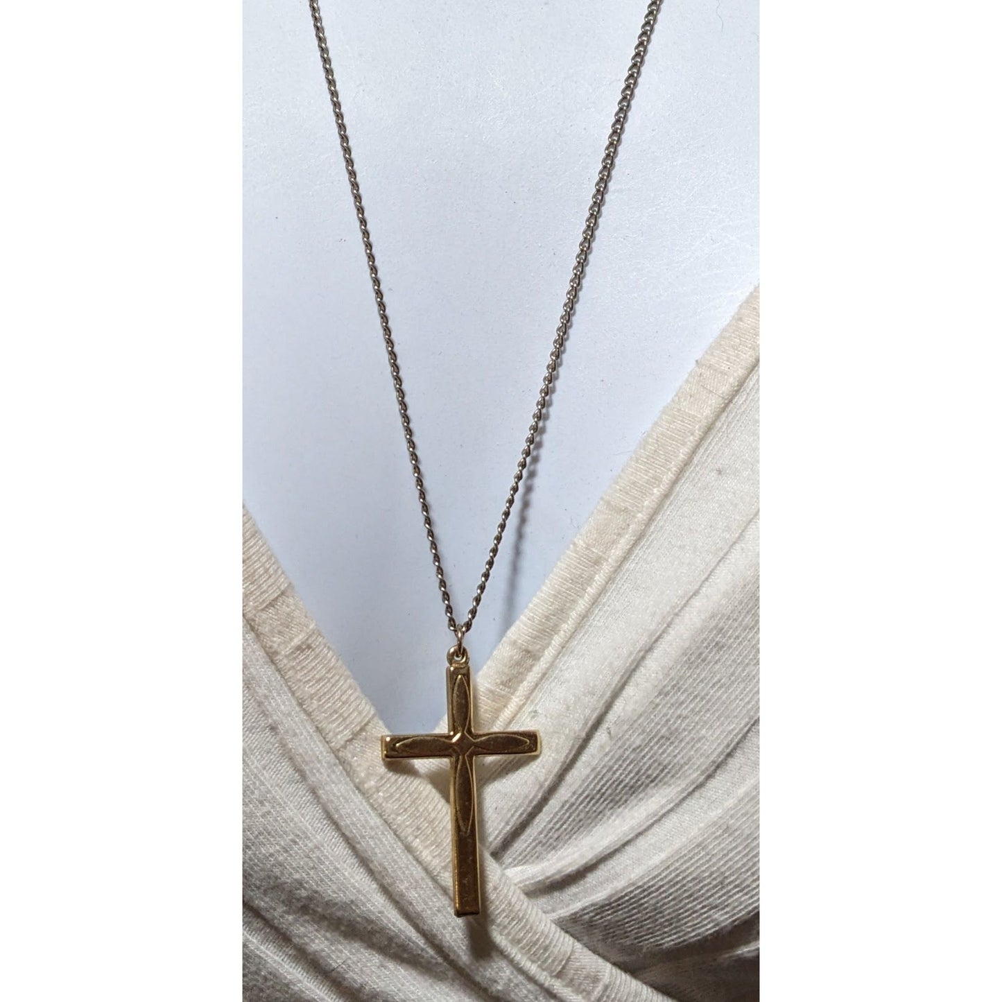 Gold Puffed Embossed Long Cross Necklace