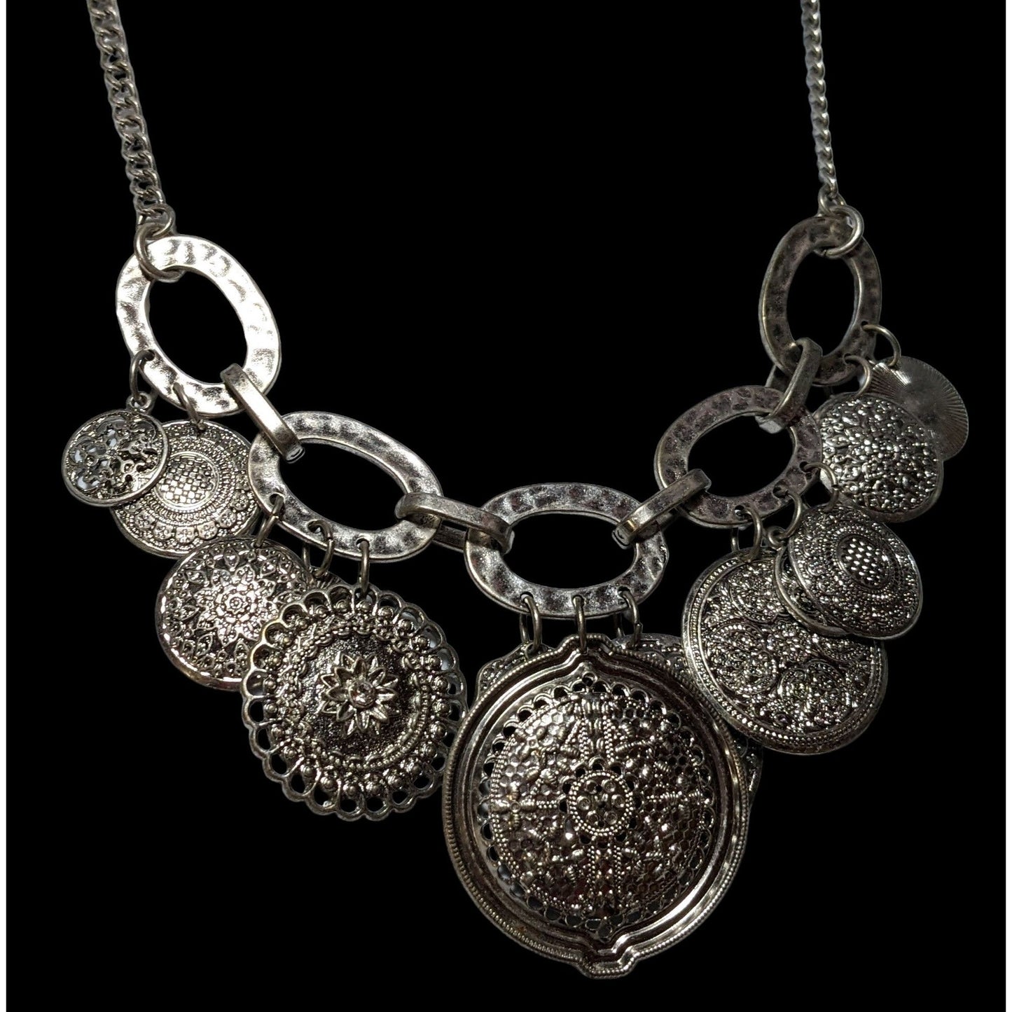 Silver Floral Medallion Embossed Charm Necklace