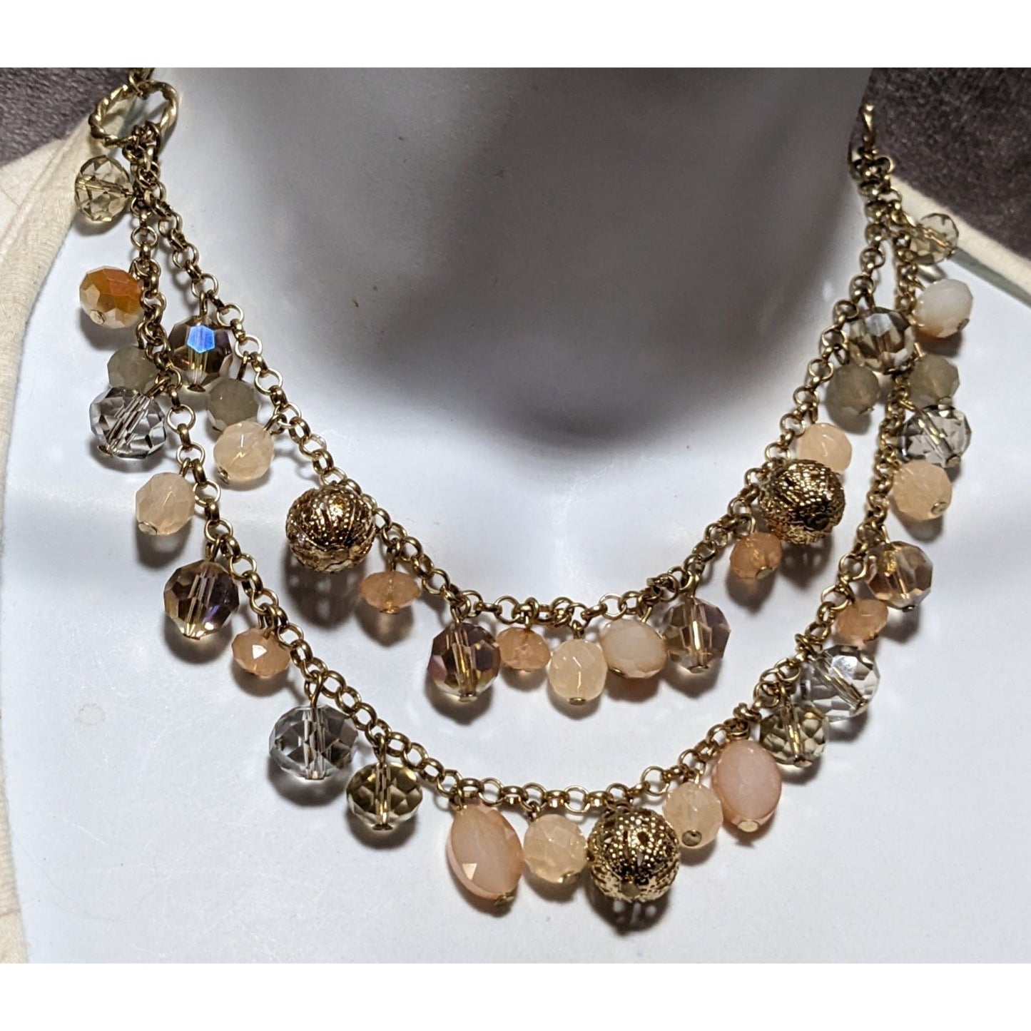 Peach And Gold Multilayer Beaded Necklace