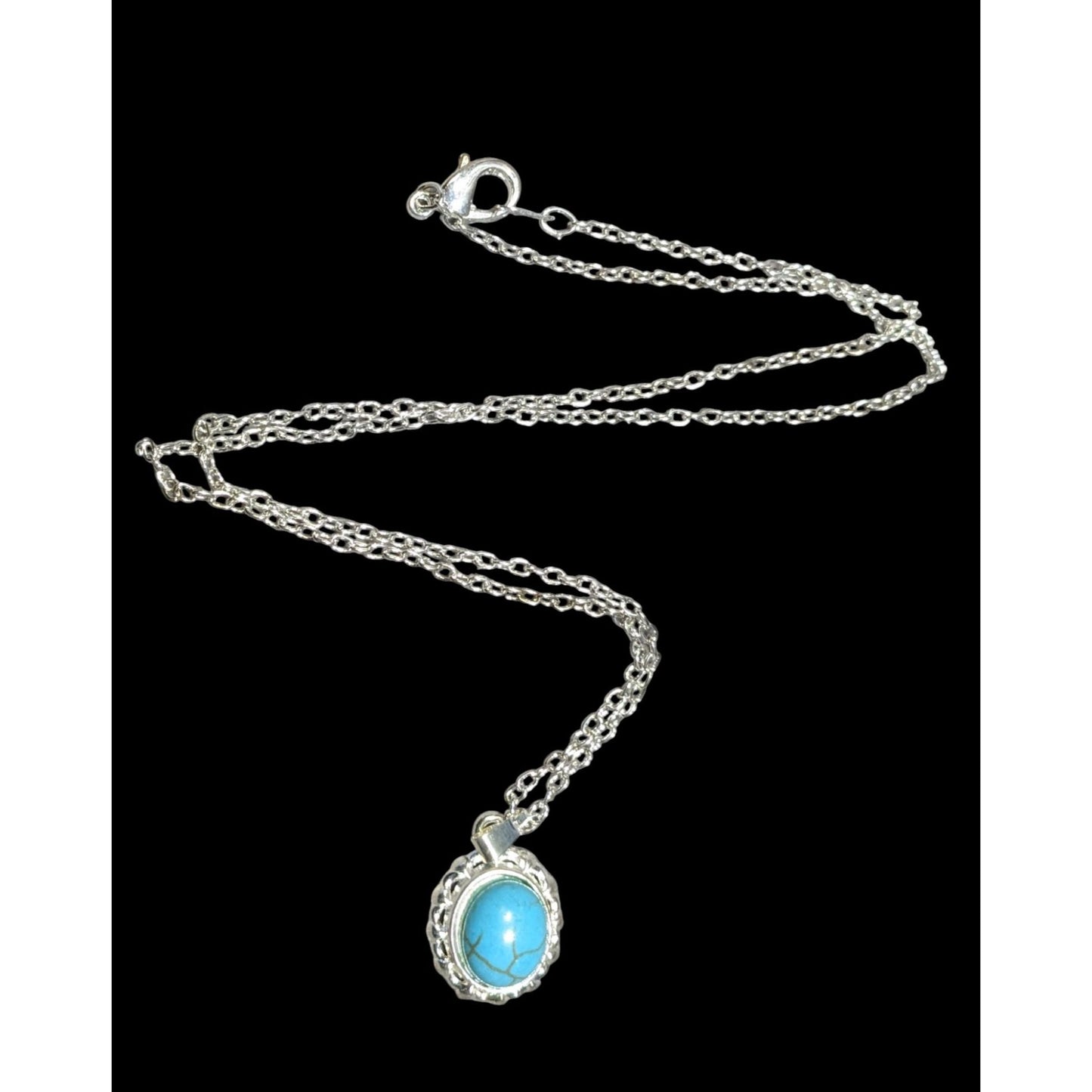 Southwestern Faux Turquoise Oval Pendant Silver Tone Filigree Necklace