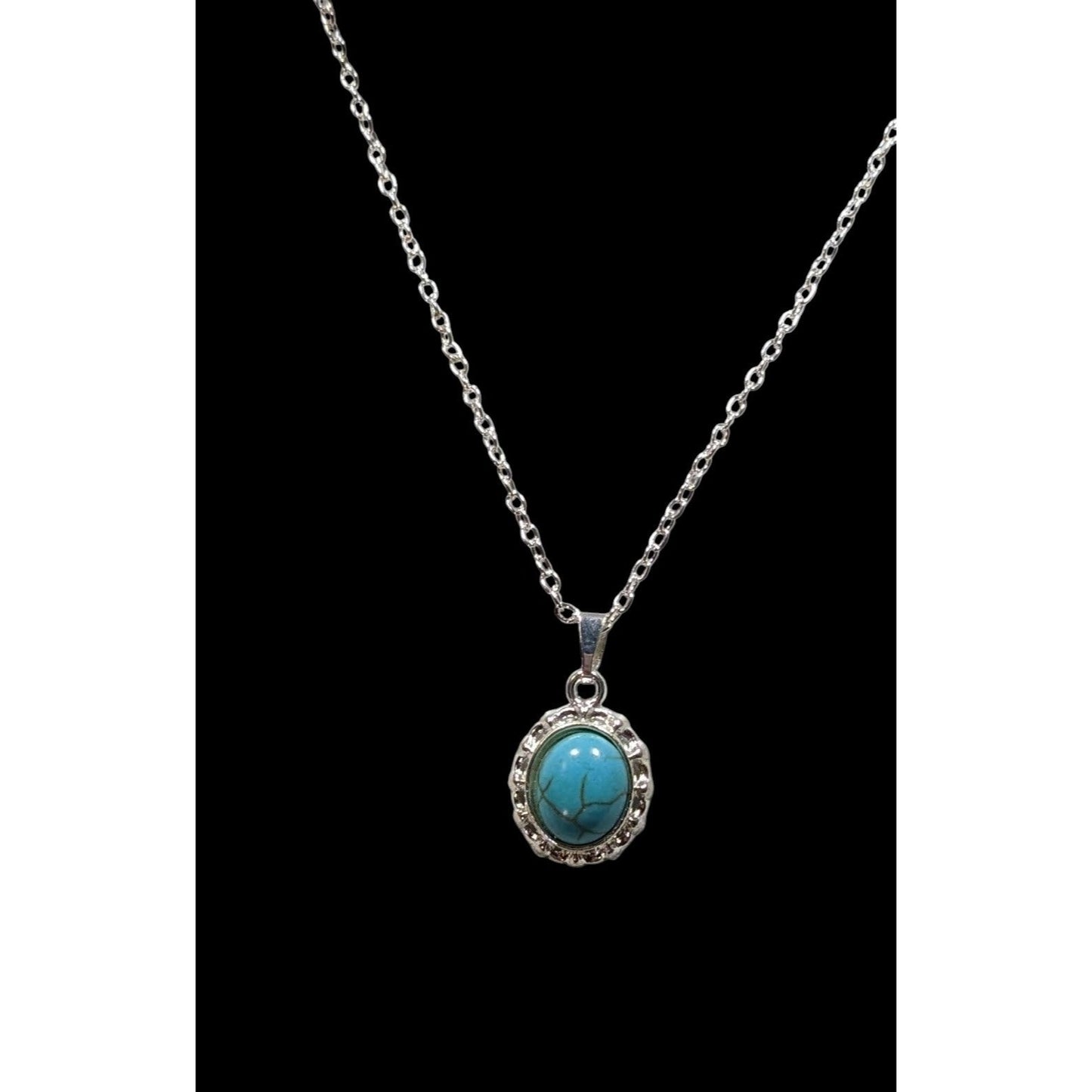 Southwestern Faux Turquoise Oval Pendant Silver Tone Filigree Necklace