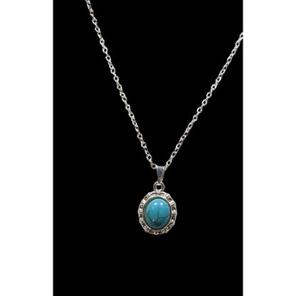 Southwestern Faux Turquoise Oval Pendant Silver Tone Filigree Necklace
