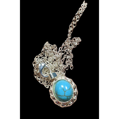 Southwestern Faux Turquoise Oval Pendant Silver Tone Filigree Necklace