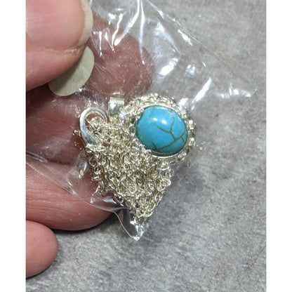 Southwestern Faux Turquoise Oval Pendant Silver Tone Filigree Necklace