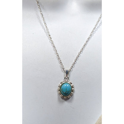 Southwestern Faux Turquoise Oval Pendant Silver Tone Filigree Necklace