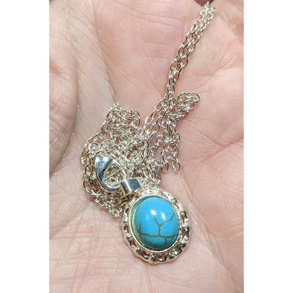 Southwestern Faux Turquoise Oval Pendant Silver Tone Filigree Necklace
