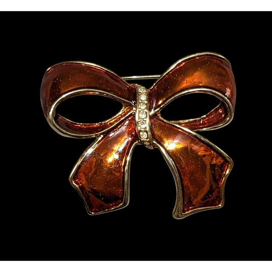 Vintage Orange And Gold Enamel Rhinestone Bow Brooch