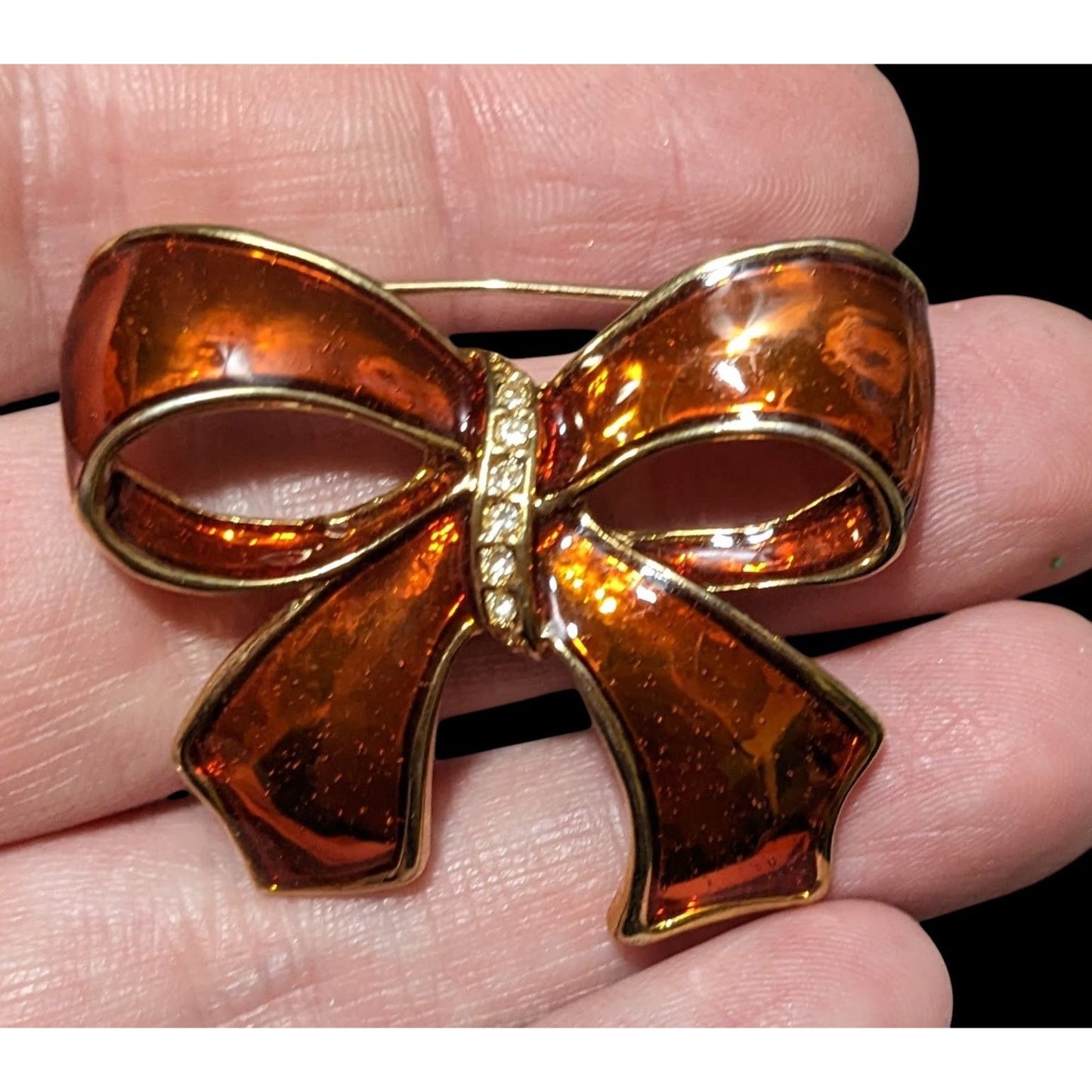 Vintage Orange And Gold Enamel Rhinestone Bow Brooch