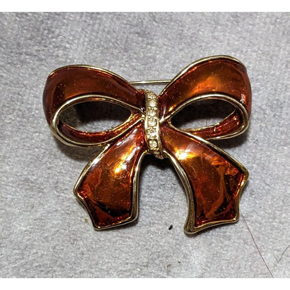 Vintage Orange And Gold Enamel Rhinestone Bow Brooch