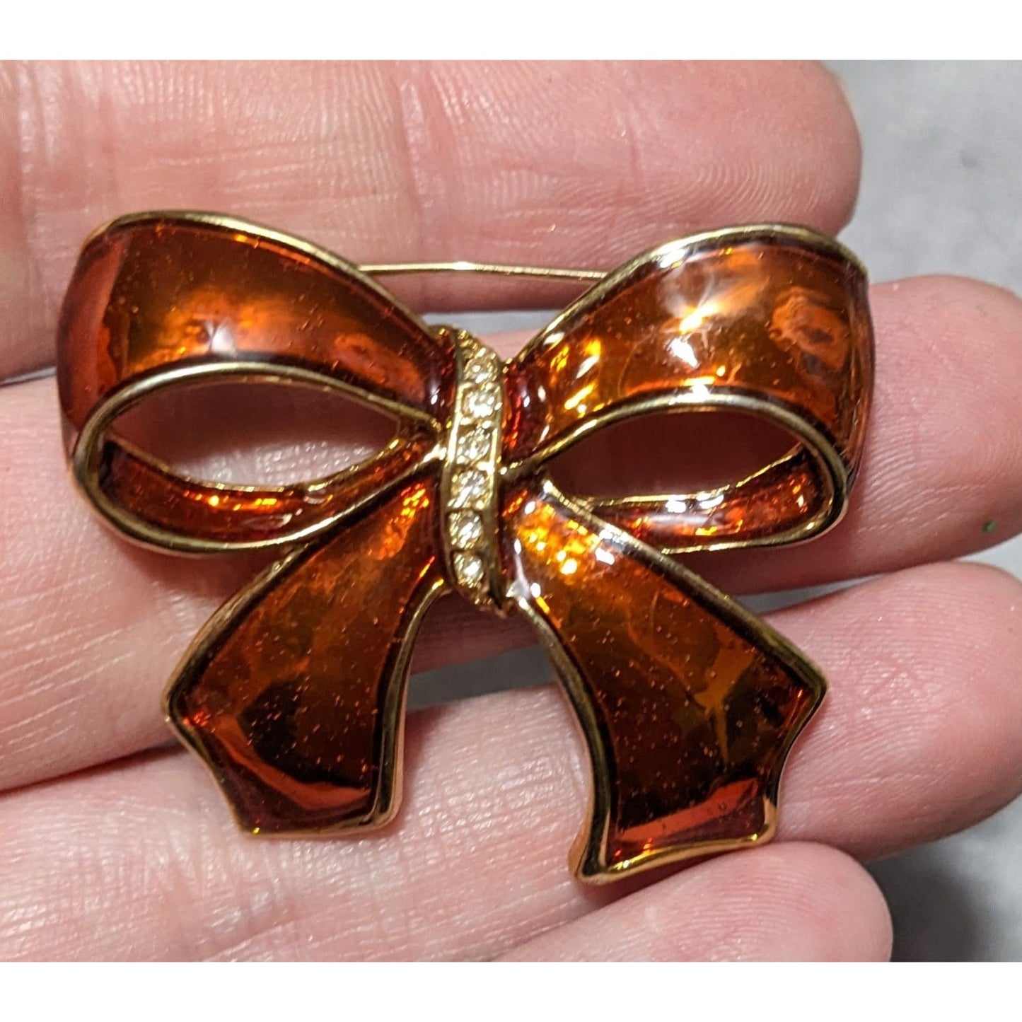 Vintage Orange And Gold Enamel Rhinestone Bow Brooch