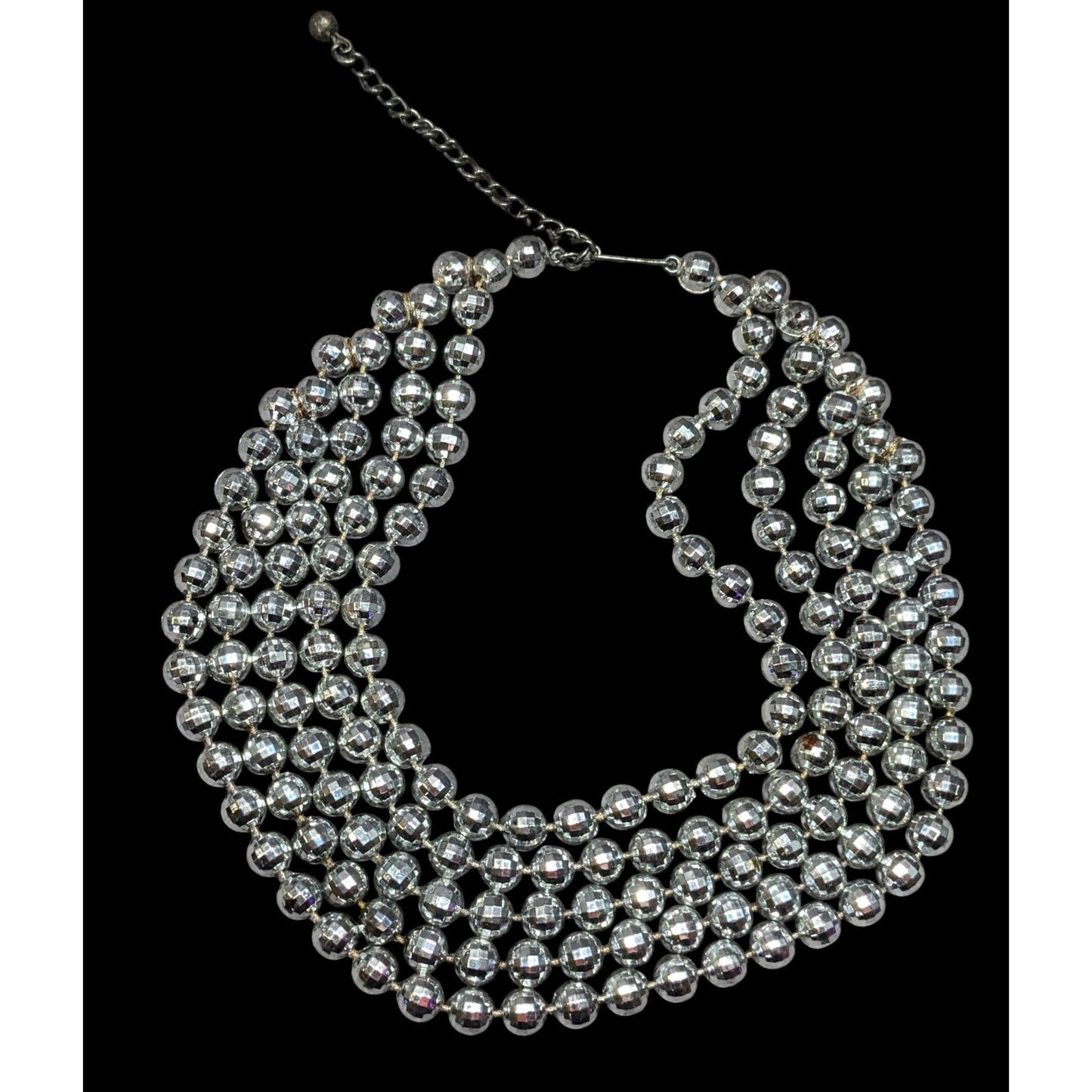 Elegant Layered Disco Ball Silver Tone Plastic Beaded Necklace