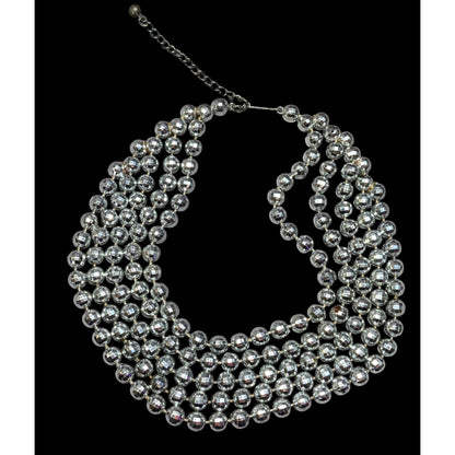 Elegant Layered Disco Ball Silver Tone Plastic Beaded Necklace