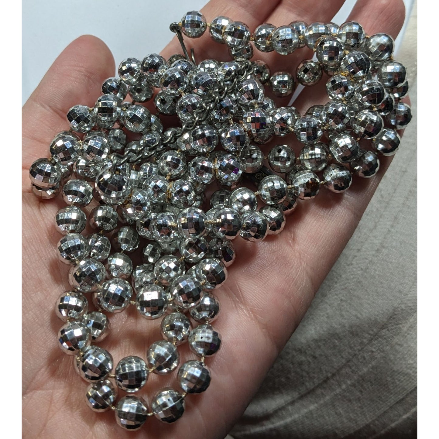 Elegant Layered Disco Ball Silver Tone Plastic Beaded Necklace