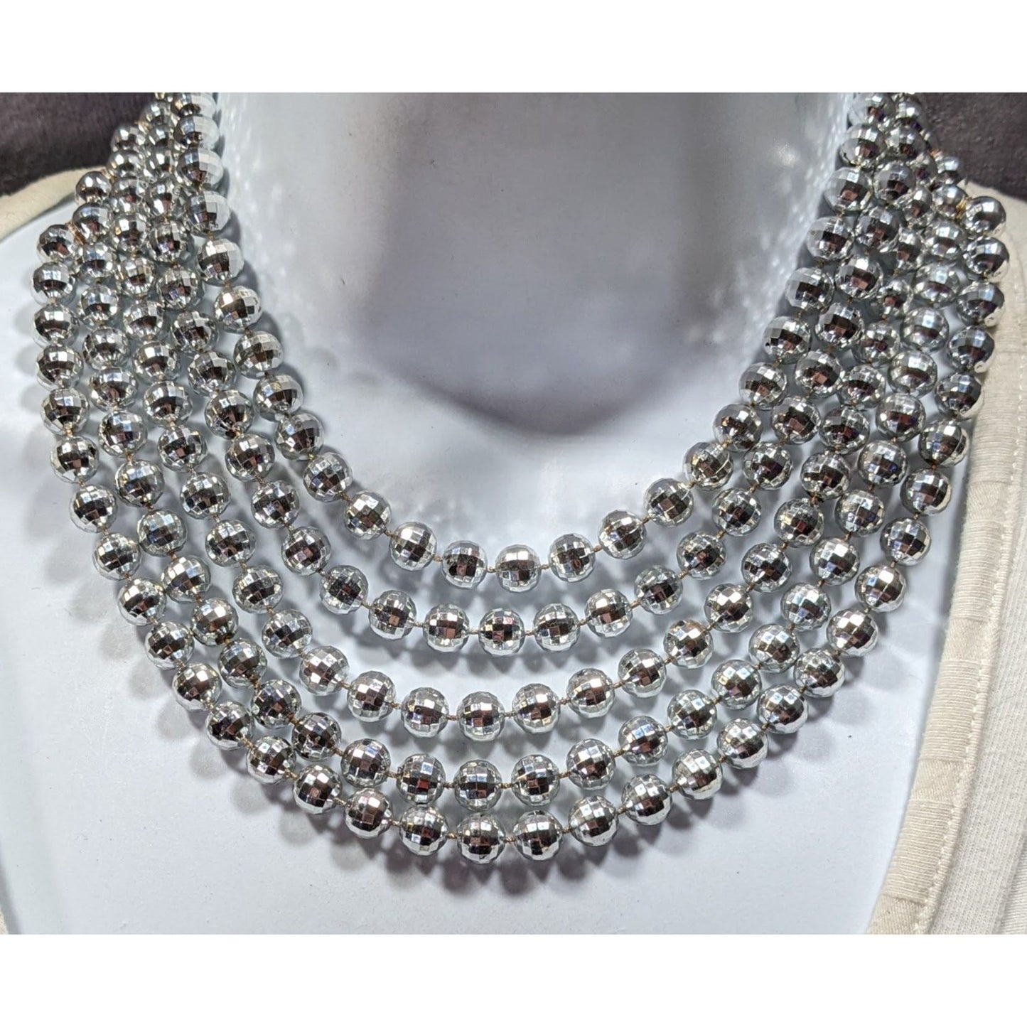 Elegant Layered Disco Ball Silver Tone Plastic Beaded Necklace