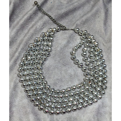 Elegant Layered Disco Ball Silver Tone Plastic Beaded Necklace