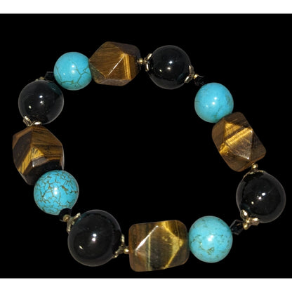 Tigers Eye Turquoise & Onyx Beaded Stretch Bracelet 6.5 Inches Statement