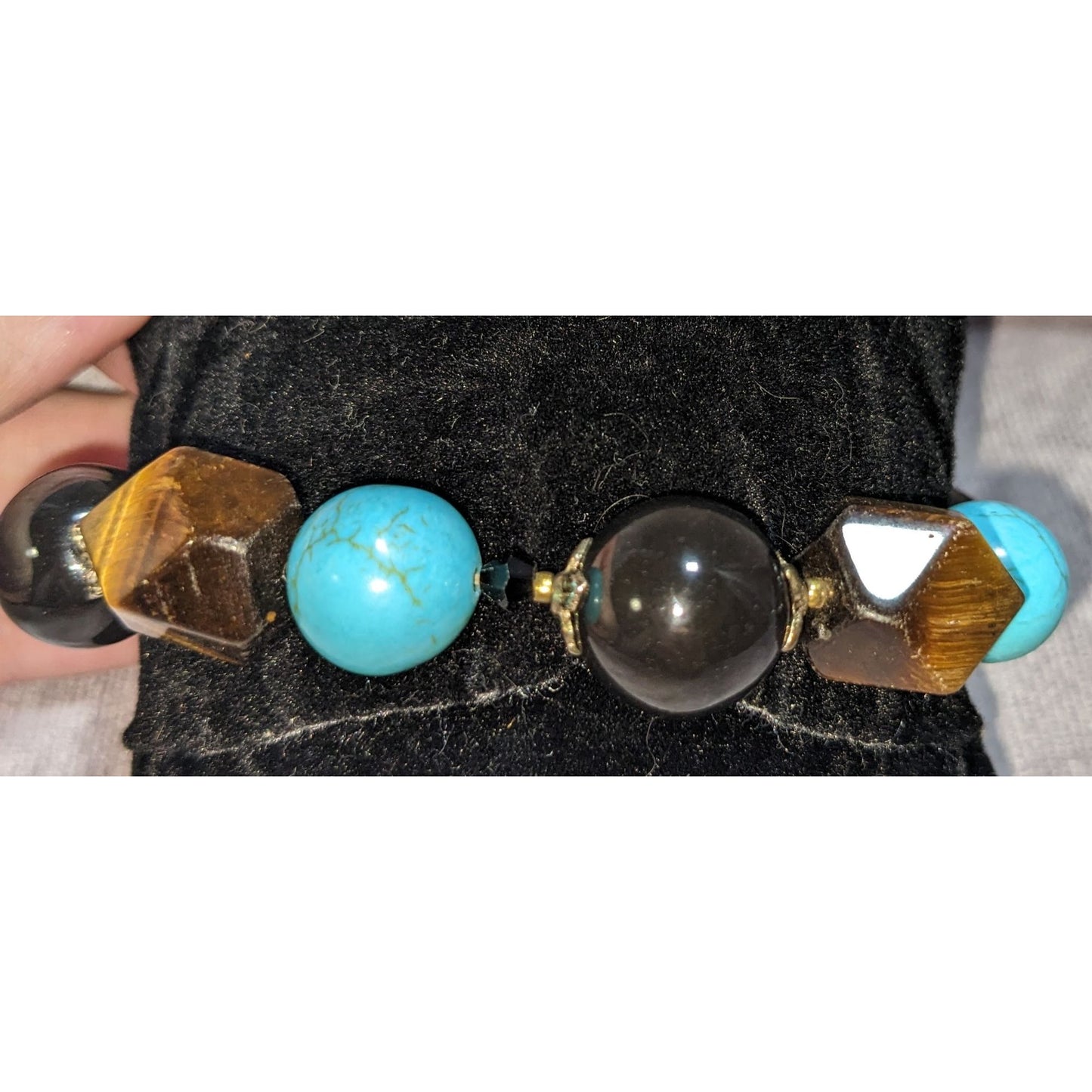Tigers Eye Turquoise & Onyx Beaded Stretch Bracelet 6.5 Inches Statement