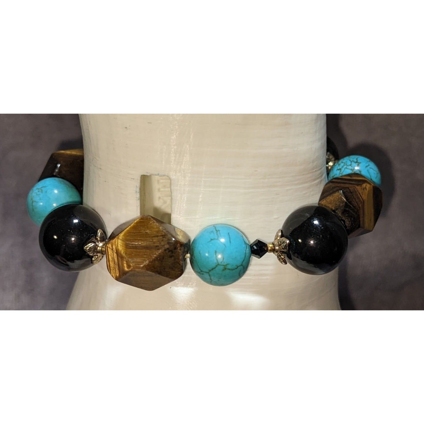 Tigers Eye Turquoise & Onyx Beaded Stretch Bracelet 6.5 Inches Statement