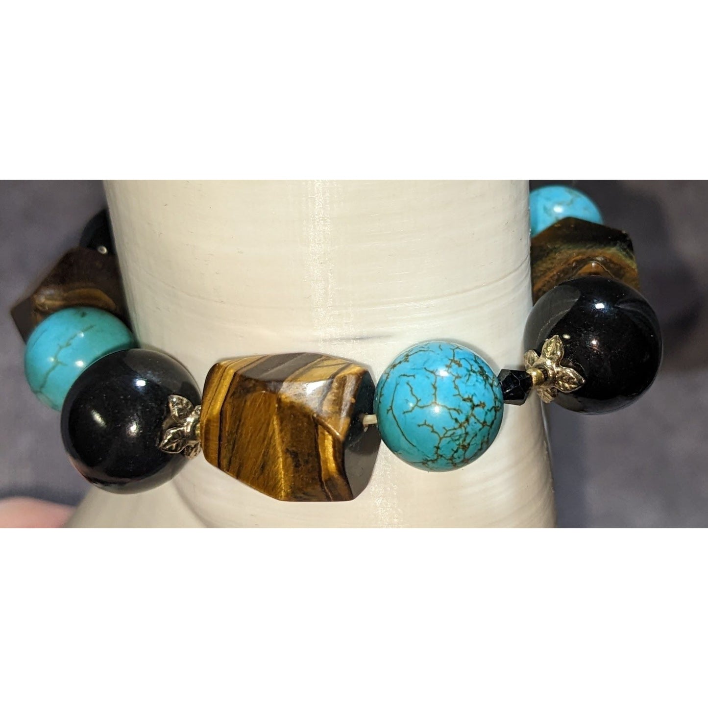 Tigers Eye Turquoise & Onyx Beaded Stretch Bracelet 6.5 Inches Statement
