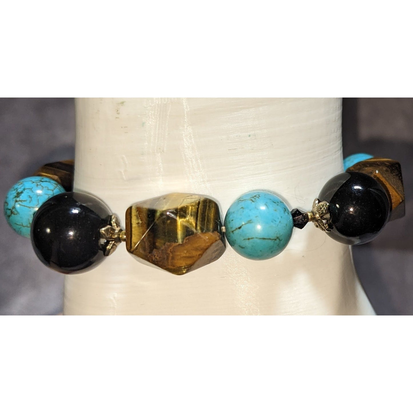Tigers Eye Turquoise & Onyx Beaded Stretch Bracelet 6.5 Inches Statement