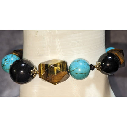 Tigers Eye Turquoise & Onyx Beaded Stretch Bracelet 6.5 Inches Statement
