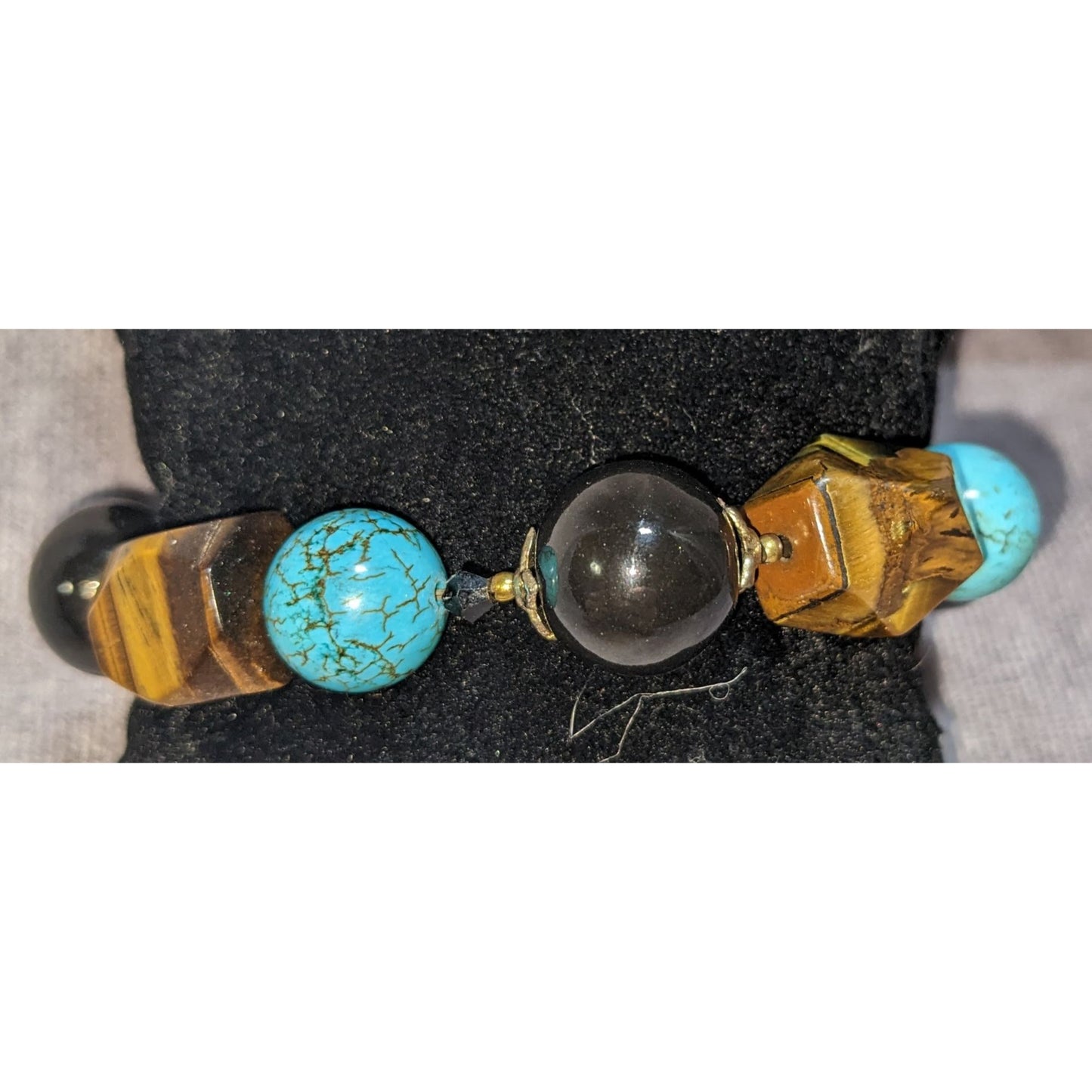 Tigers Eye Turquoise & Onyx Beaded Stretch Bracelet 6.5 Inches Statement