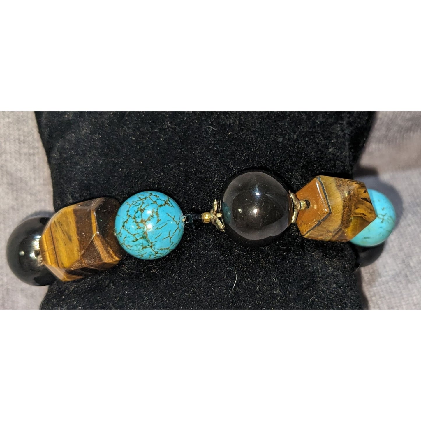 Tigers Eye Turquoise & Onyx Beaded Stretch Bracelet 6.5 Inches Statement