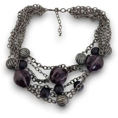 Whimsigoth Layered Metal Ceramic Purple Silver Tone Necklace 16 Inch