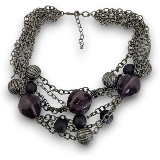 Whimsigoth Layered Metal Ceramic Purple Silver Tone Necklace 16 Inch