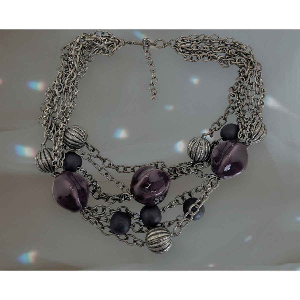 Whimsigoth Layered Metal Ceramic Purple Silver Tone Necklace 16 Inch
