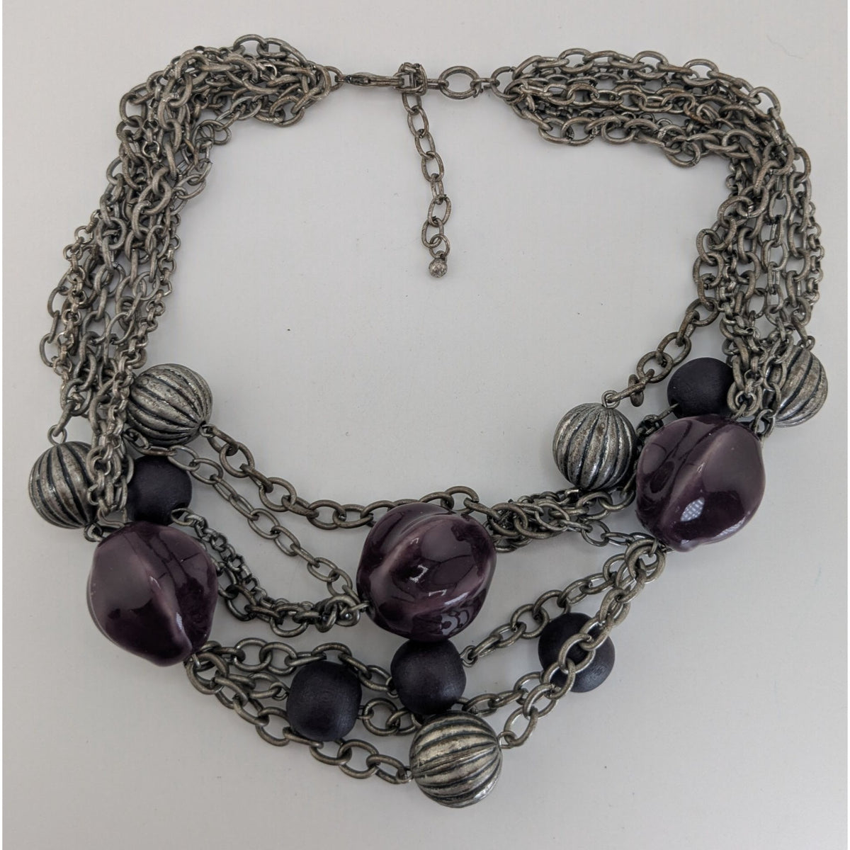 Whimsigoth Layered Metal Ceramic Purple Silver Tone Necklace 16 Inch