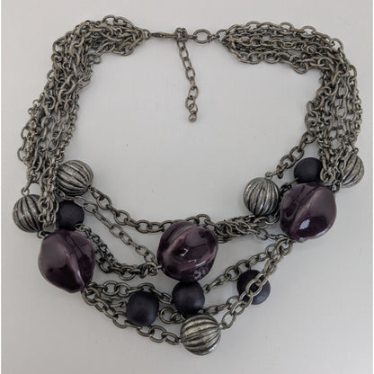 Whimsigoth Layered Metal Ceramic Purple Silver Tone Necklace 16 Inch