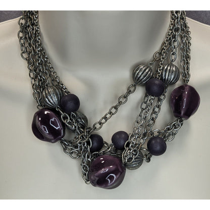 Whimsigoth Layered Metal Ceramic Purple Silver Tone Necklace 16 Inch