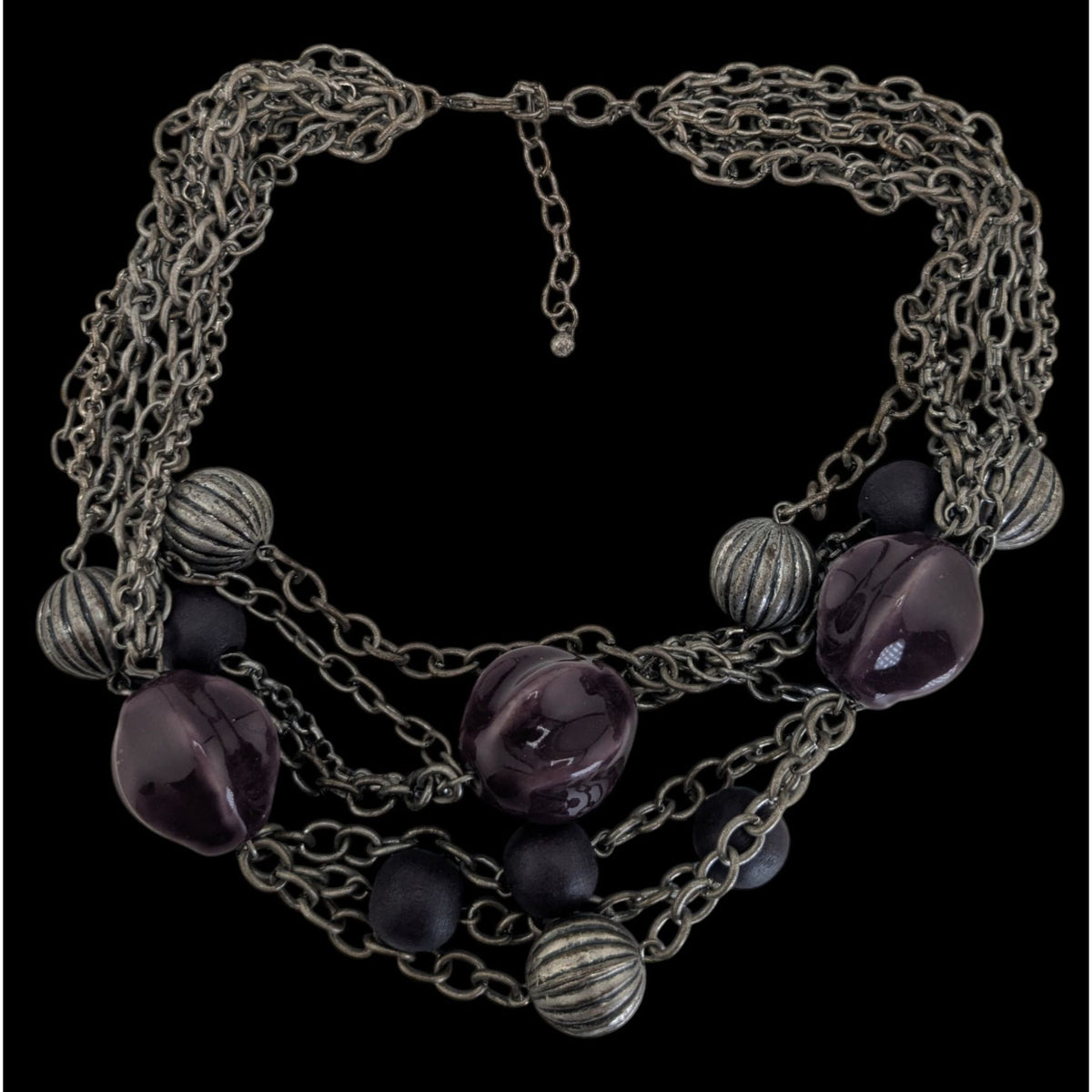 Whimsigoth Layered Metal Ceramic Purple Silver Tone Necklace 16 Inch