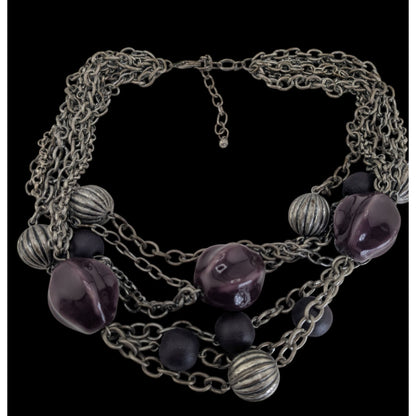 Whimsigoth Layered Metal Ceramic Purple Silver Tone Necklace 16 Inch