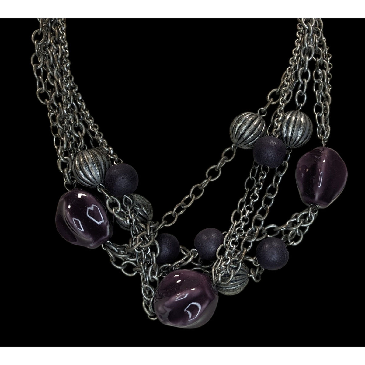 Whimsigoth Layered Metal Ceramic Purple Silver Tone Necklace 16 Inch