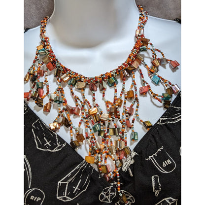 Vintage Rainbow Glass Shell Beaded Fringe Necklace Boho Hippie Festival Beach