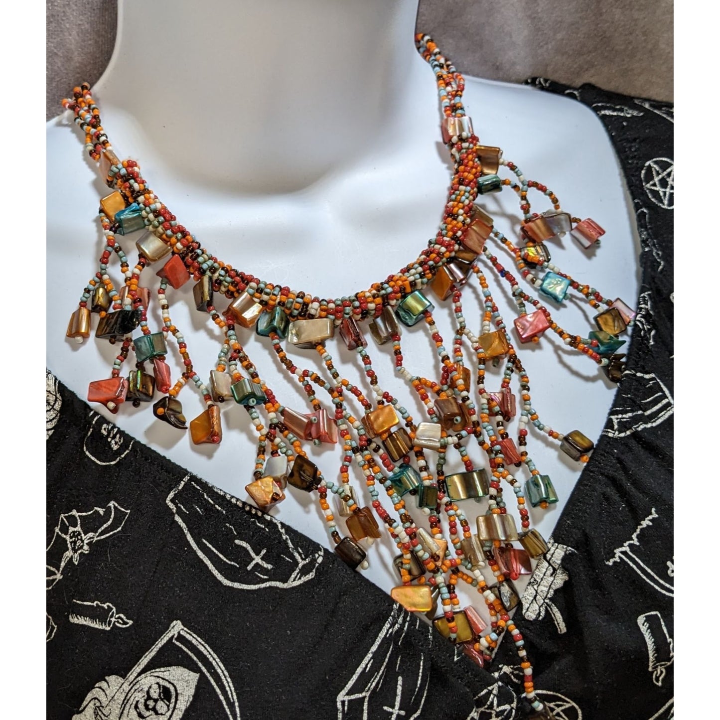 Vintage Rainbow Glass Shell Beaded Fringe Necklace Boho Hippie Festival Beach