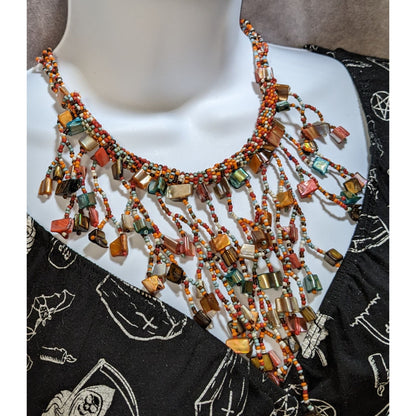 Vintage Rainbow Glass Shell Beaded Fringe Necklace Boho Hippie Festival Beach