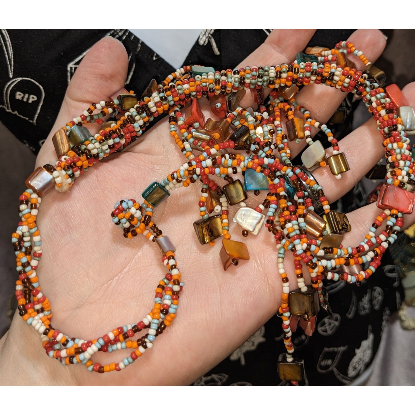 Vintage Rainbow Glass Shell Beaded Fringe Necklace Boho Hippie Festival Beach