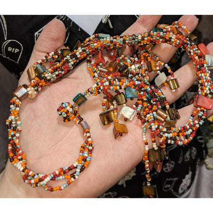 Vintage Rainbow Glass Shell Beaded Fringe Necklace Boho Hippie Festival Beach
