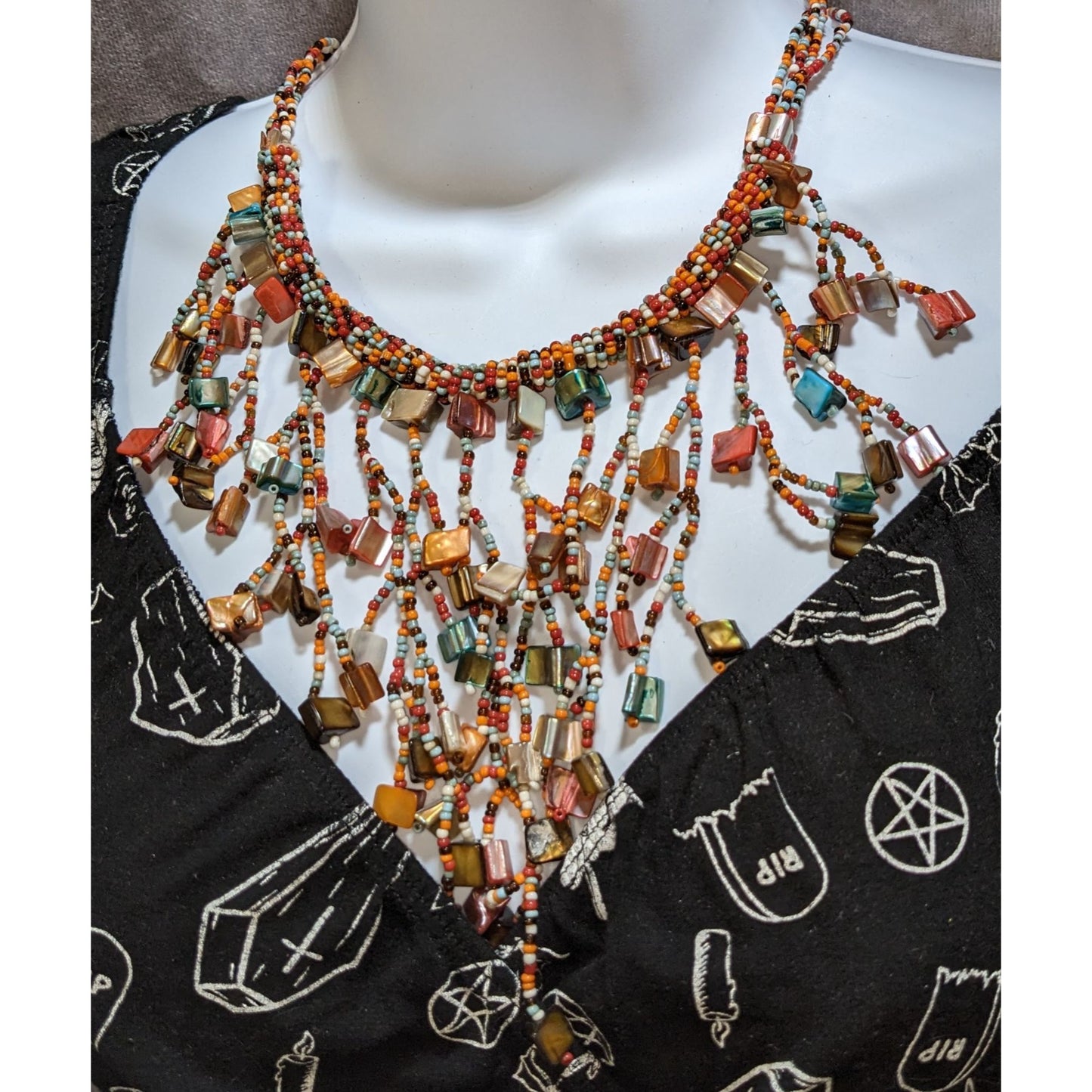 Vintage Rainbow Glass Shell Beaded Fringe Necklace Boho Hippie Festival Beach