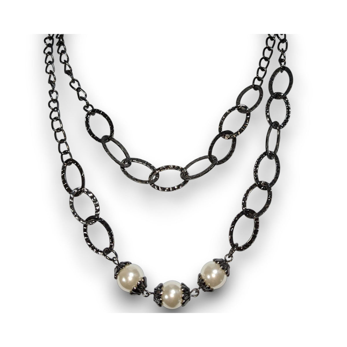 Glam Goth Chunky Gunmetal Cream Faux Pearl Double Strand Necklace 15 Inch