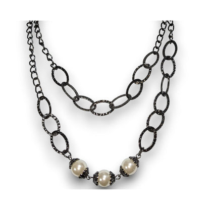 Glam Goth Chunky Gunmetal Cream Faux Pearl Double Strand Necklace 15 Inch