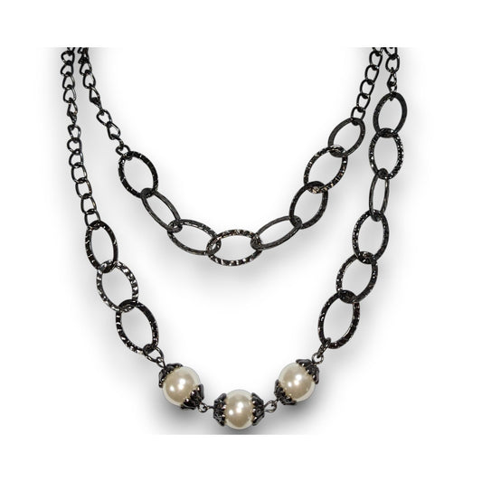 Glam Goth Chunky Gunmetal Cream Faux Pearl Double Strand Necklace 15 Inch