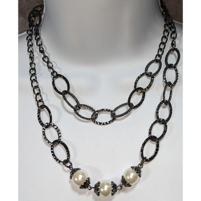 Glam Goth Chunky Gunmetal Cream Faux Pearl Double Strand Necklace 15 Inch