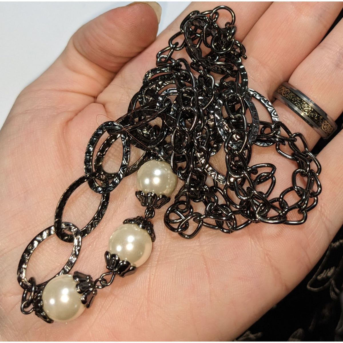 Glam Goth Chunky Gunmetal Cream Faux Pearl Double Strand Necklace 15 Inch