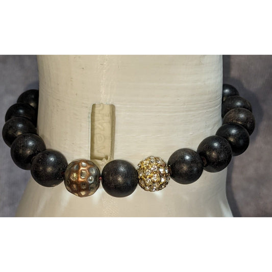 Boho Glam VA Signed Black Wood Bead Rhinestone Stretch Bracelet