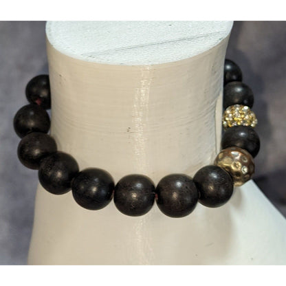 Boho Glam VA Signed Black Wood Bead Rhinestone Stretch Bracelet