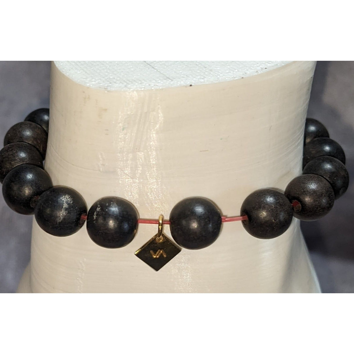 Boho Glam VA Signed Black Wood Bead Rhinestone Stretch Bracelet